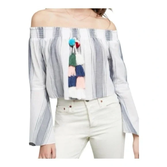 π EUC ANTHROPOLOGIE LILKA White Gray Striped Off Shoulder Playa Top | Sz S - Picture 1 of 8